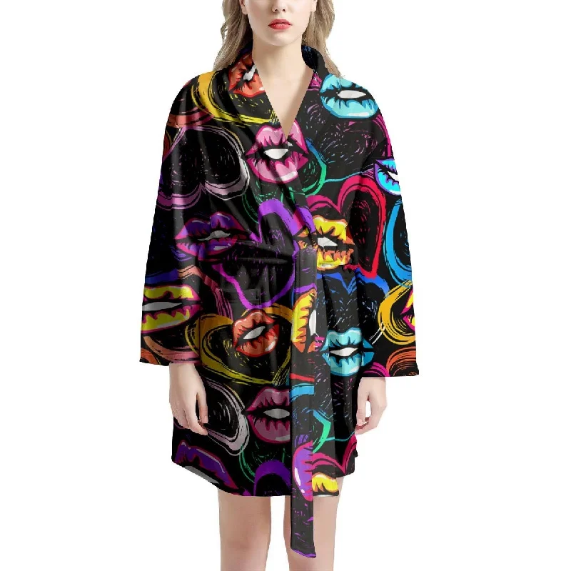 Abstract Lip Graffiti Print Women's Robe