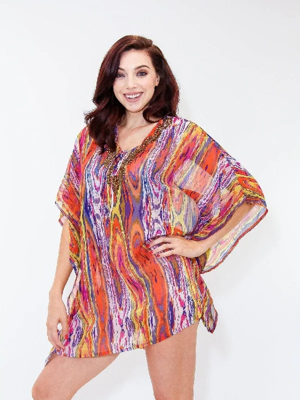 Multi Colored Sheer V-Neck Kaftan Cover Up